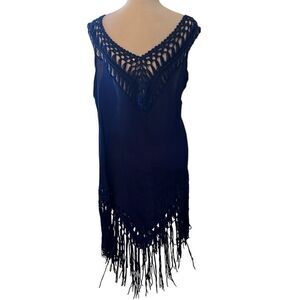 Hotouch szXL blue crocheted trim swimsuit coverup w/fringe around the bottom EUC